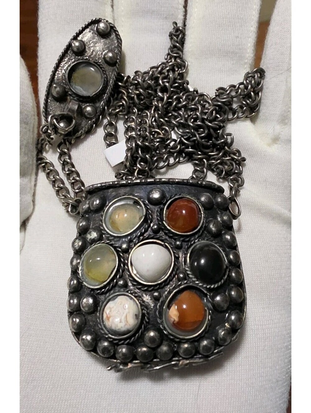 Vintage Tribal Afghan Kuchi Metal Agate Stone Prayer Coin Pill Box Pouch